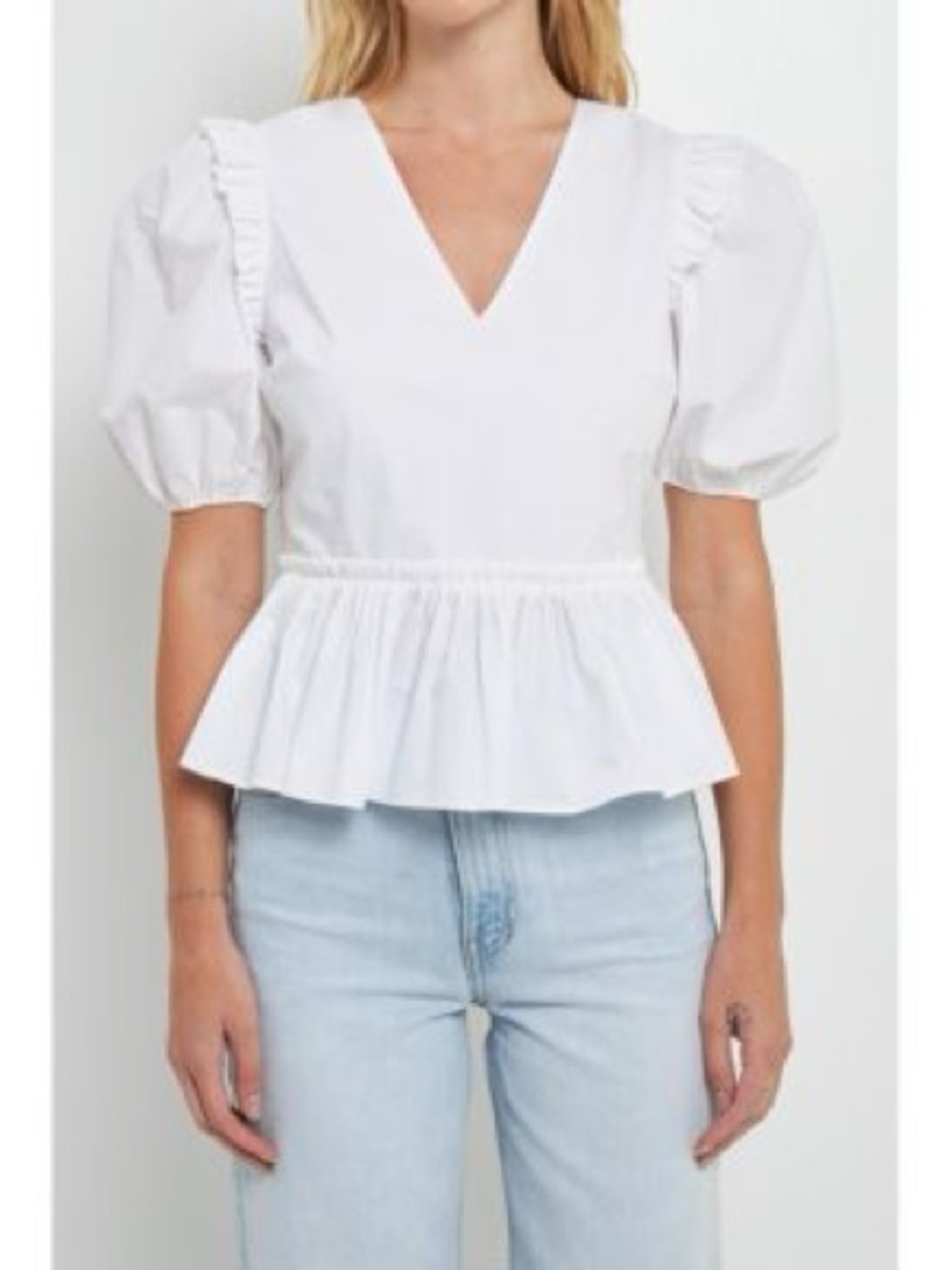 English Factory White V-Neck Peplum Puff-Sleeve Top